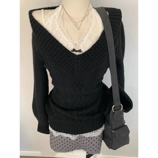 V-Neck Slim Fit Sweater – Y2K Lace Trim Knit Pullover Top - Sweaters - Long - V-neck - Sweaters - 1