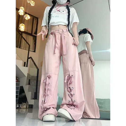Y2K Pink Lace-Up Bow Wide Leg Pants - Bottoms - Pants - 2