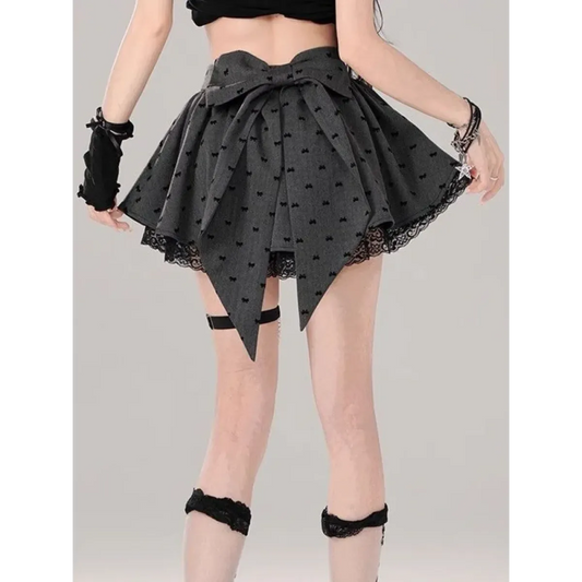 Bow Pleated Mini Skirt – Y2K Lolita Lace Cutecore - Bottoms - Short - Round - Skirts - 1