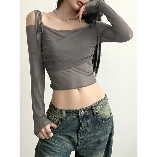 Y2K Off Shoulder Mesh Crop Top - Women’s Clothing & Accessories - Crop Tops - 1