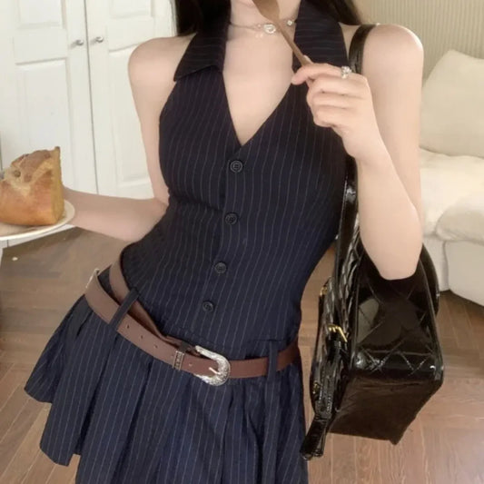 Y2K Pinstripe Backless Halter Mini Dress - All Dresses - Dresses - 2
