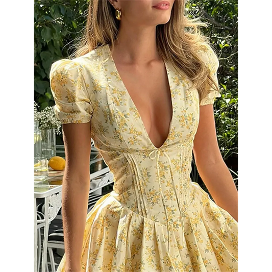 Y2K Floral Ruffle Mini Dress with V-Neck - All Dresses - Mini Dress - 7