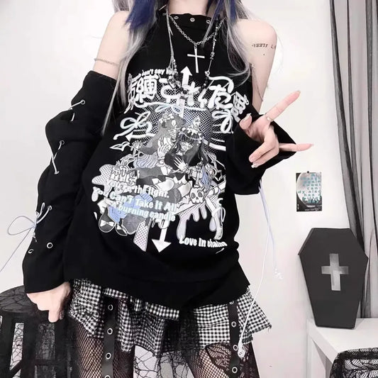 Off-Shoulder Gothic Harajuku Shirt – Y2K Punk Aesthetic - T-Shirts - Long - Round - T-Shirts - 6