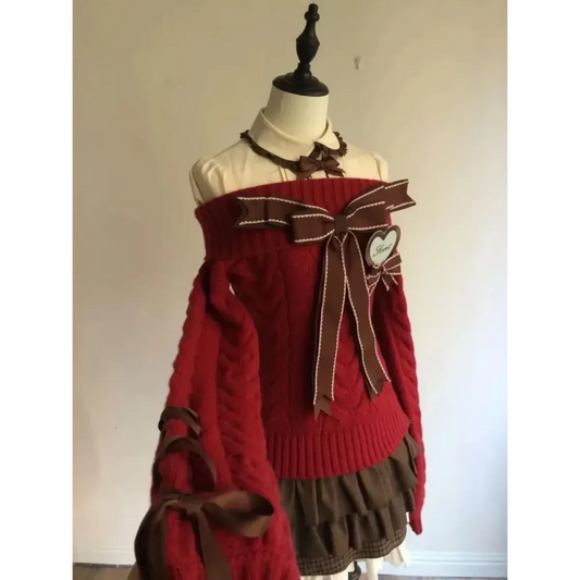 Y2K Off Shoulder Bow Sweater & Ruched Skirt Set – Autumn Knit - Bottoms - Clothing Sets - 1