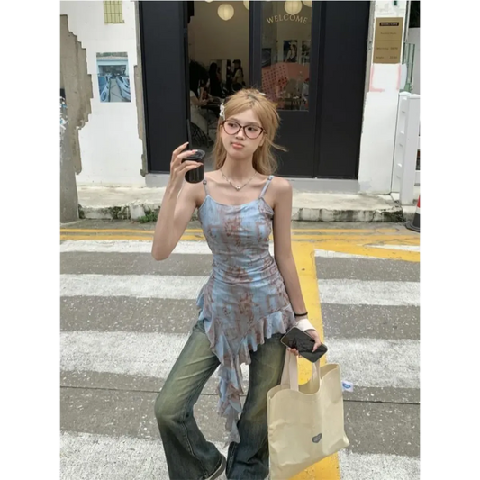 Y2K Tie-Dye Ruffle Tank Top - Tops & Tees - Tops - 1