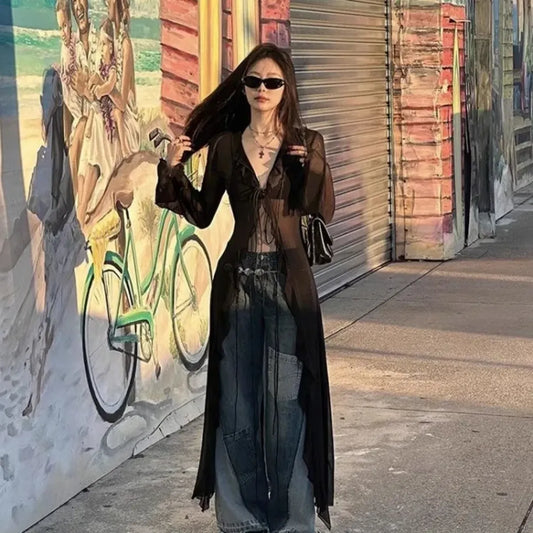 Y2K Sheer Lace-Up Longline Cardigan - Women’s Clothing & Accessories - Cardigan - 1