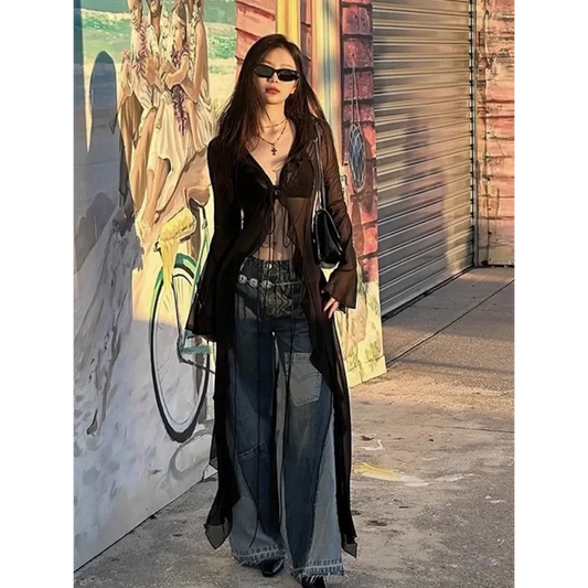 Y2K Sheer Lace-Up Longline Cardigan - Women’s Clothing & Accessories - Cardigan - 2