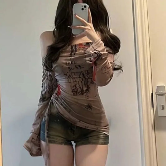 Graffiti Mesh One Shoulder Top – Y2K Slim Fit Drawstring Tee - T-Shirts - Long - T-Shirts - 1