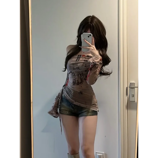 Graffiti Mesh One Shoulder Top – Y2K Slim Fit Drawstring Tee - T-Shirts - Long - T-Shirts - 2