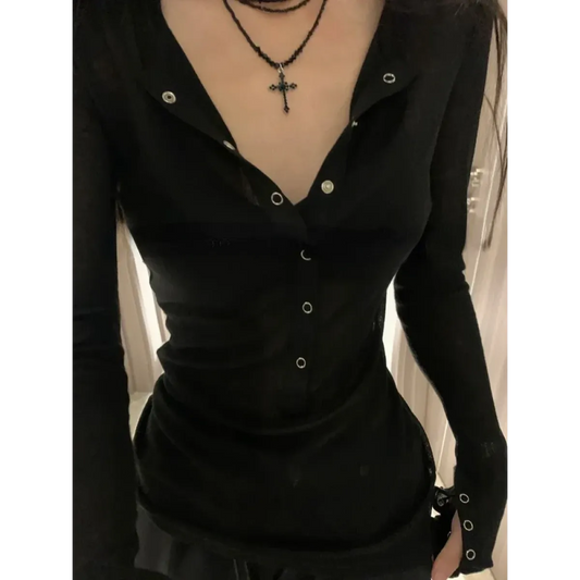 Y2K Slim Fit V-Neck Snap Button Tee - T-Shirts - T-Shirt - 1