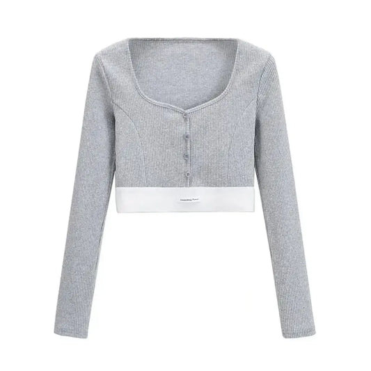 Y2K Ribbed Button Crop Top with Long Sleeves - Women’s Clothing & Accessories - Crop Top - 2