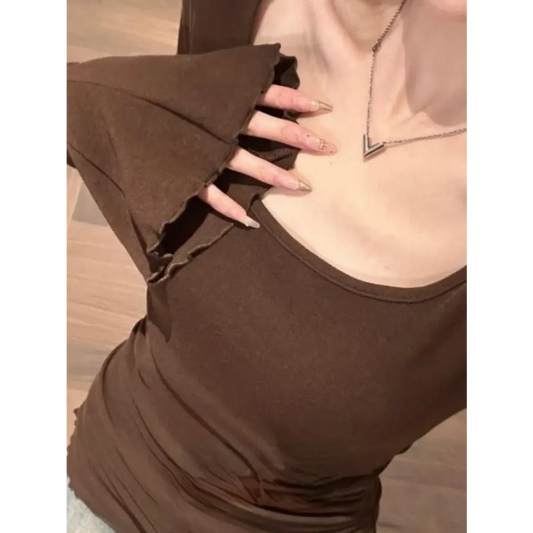 Square Neck Flare Sleeve Top – Y2K Sweet Vintage Slim Fit Tee - T-Shirts - Long - Square - T-Shirts - 2