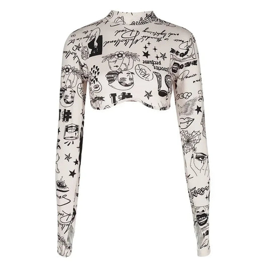 Y2K Tattoo Print Mesh Turtleneck Crop Top - Women’s Clothing & Accessories - Crop Top - 6