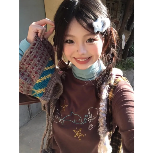 Ocean Print Layered Tee – Y2K Vintage Slim Fit Long Sleeve Top - T-Shirts - Long - Round - T-Shirts - 2