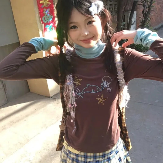 Ocean Print Layered Tee – Y2K Vintage Slim Fit Long Sleeve Top - T-Shirts - Long - Round - T-Shirts - 7