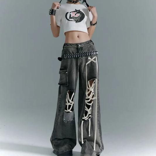 Y2K Lace-Up Cargo Wide Leg Jeans - Bottoms - Jeans - 2