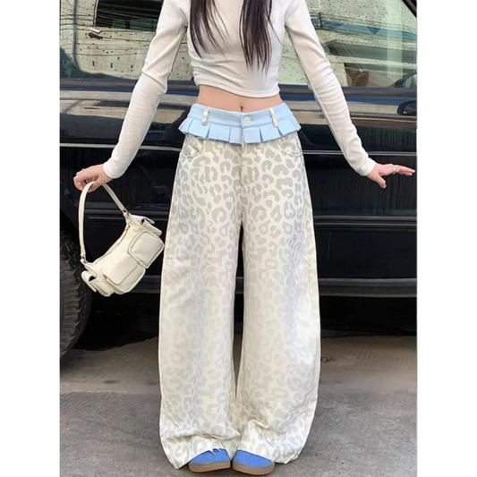 Y2K Leopard Patchwork Wide Leg Pants - Bottoms - Pants - 2