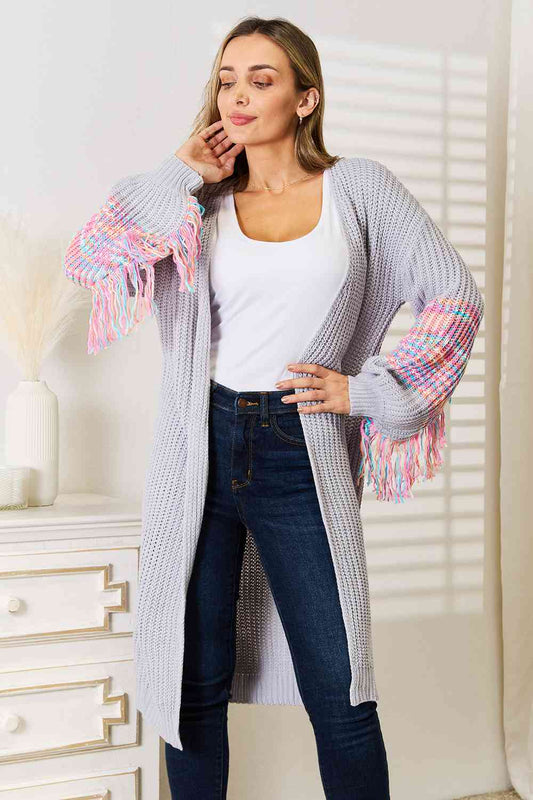Fringe Sleeve Dropped Shoulder Cardigan - Kawaii Stop - Chic Clothing, Cozy Cardigan, Dropped Shoulder Cardigan, Fall Fashion Essential, Fashionable Layer, Fringe Sleeve Sweater, Machine Washable Sweater, Moderate Stretch, Playful Detail, Ship from USA, Soft and Comfortable, Stylish Outerwear, Trendy Knitwear, Unique Design, Women's Apparel, Woven Right