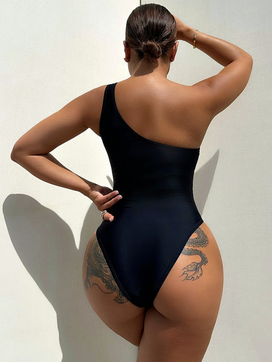 One-Shoulder Sleeveless One-Piece Swimsuit - Kawaii Stop - Beach Chic, Beachwear, Double.T, Highly Stretchy, One Piece Swimsuit, One Piece Swimsuits, One Shoulder, One-Piece, Ship From Overseas, Shipping Delay 09/29/2023 - 10/04/2023, Solid, Stylish Look, Swimsuit, Swimwear Trends, Vacation, Women's Fashion