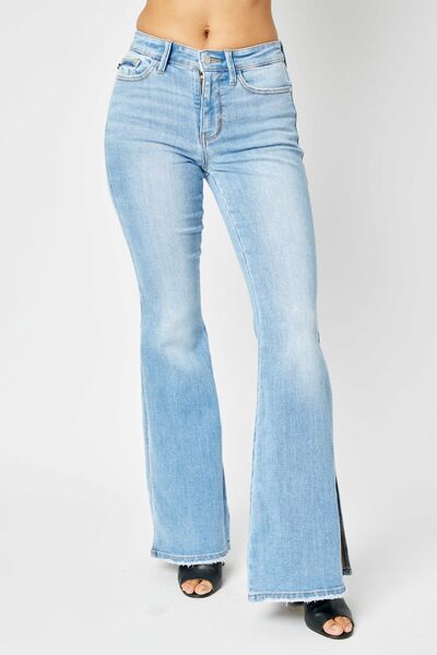 Mid Rise Raw Hem Slit Flare Jeans - Kawaii Stop - Casual Chic, Comfortable Fit, Everyday Wear, Fashion Forward, Flare Leg, Jeans, Judy Blue, Light Wash, Machine Washable, Mid Rise, Retro Inspired, Ship from USA, TikTok, Timeless Elegance, Versatile Design, Vintage Style, Wardrobe Essential, Women's Fashion