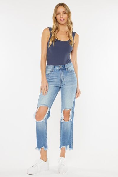 High Waist Chewed Up Straight Mom Jeans - Kawaii Stop - Chic Look, Comfortable Fit, Confidence Boost, Day to Night, Distressed Denim, Effortless Fashion, Fashion, High Waist, Kancan, Mom Jeans, Ship from USA, Straight Leg, Stylish Ensemble, Trendy Outfit, Unique Detailing, Versatile Wear, Vintage-Inspired, Wardrobe Essential, Women's Apparel