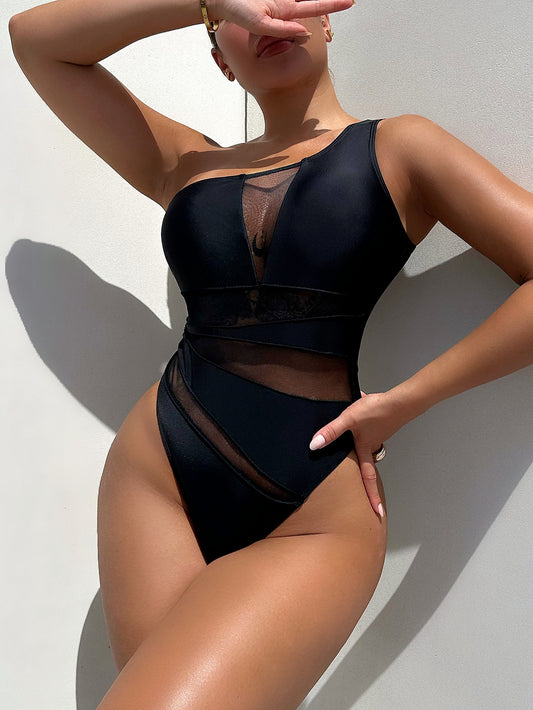 One-Shoulder Sleeveless One-Piece Swimsuit - Kawaii Stop - Beach Chic, Beachwear, Double.T, Highly Stretchy, One Piece Swimsuit, One Piece Swimsuits, One Shoulder, One-Piece, Ship From Overseas, Shipping Delay 09/29/2023 - 10/04/2023, Solid, Stylish Look, Swimsuit, Swimwear Trends, Vacation, Women's Fashion