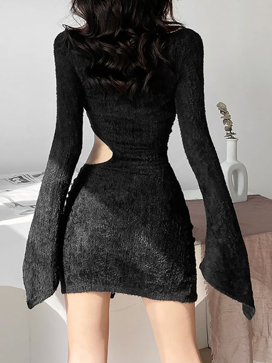 Sexy Winter Split Dress - Kawaii Stop - 2 Piece, All Dresses, Crop Tops, Cut Out, Dark, Dress, Dresses, Fluffy, Goth, Gothic, Grunge, Knitted, Lace Up, Party, Punk, Sets, Sexy, Side, Winter, Women's Clothing &amp; Accessories, Y2k, Zip