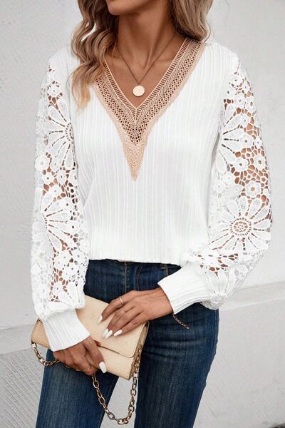 Lace Detail V-Neck Long Sleeve Blouse - Kawaii Stop - Casual Style, Chic Clothing, Comfortable Fit, Dress Down, Dress Up, Early Spring Collection, Elegant Fashion, Fashionable Ensemble, G@S, High-Quality Material, Lace Blouse, Lace Detailing, Long Sleeve Top, Must-Have Blouse, Office Wear, Opaque Sheen, Sheer Detail, Ship From Overseas, Shipping delay February 7 - February 21, Sophisticated Look, Stylish Wardrobe, Trendy Outfit, Versatile Styling, Women's Apparel