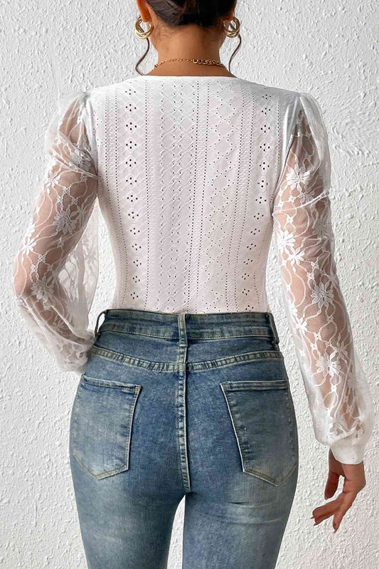 Eyelet Lace Detail Bodysuit - Kawaii Stop - Blouses, Ship From Overseas, SYNZ
