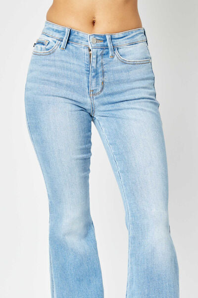 Mid Rise Raw Hem Slit Flare Jeans - Kawaii Stop - Casual Chic, Comfortable Fit, Everyday Wear, Fashion Forward, Flare Leg, Jeans, Judy Blue, Light Wash, Machine Washable, Mid Rise, Retro Inspired, Ship from USA, TikTok, Timeless Elegance, Versatile Design, Vintage Style, Wardrobe Essential, Women's Fashion