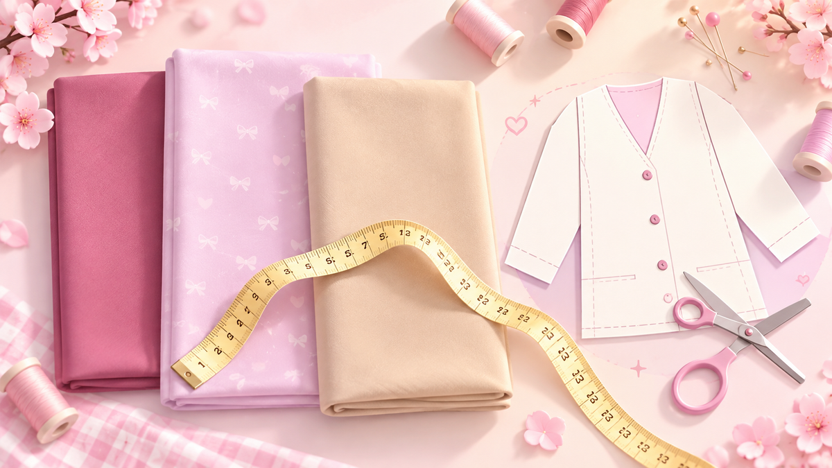 Pastel cosplay sewing flat lay with measuring tape, folded fabrics, garment pattern and pink scissors