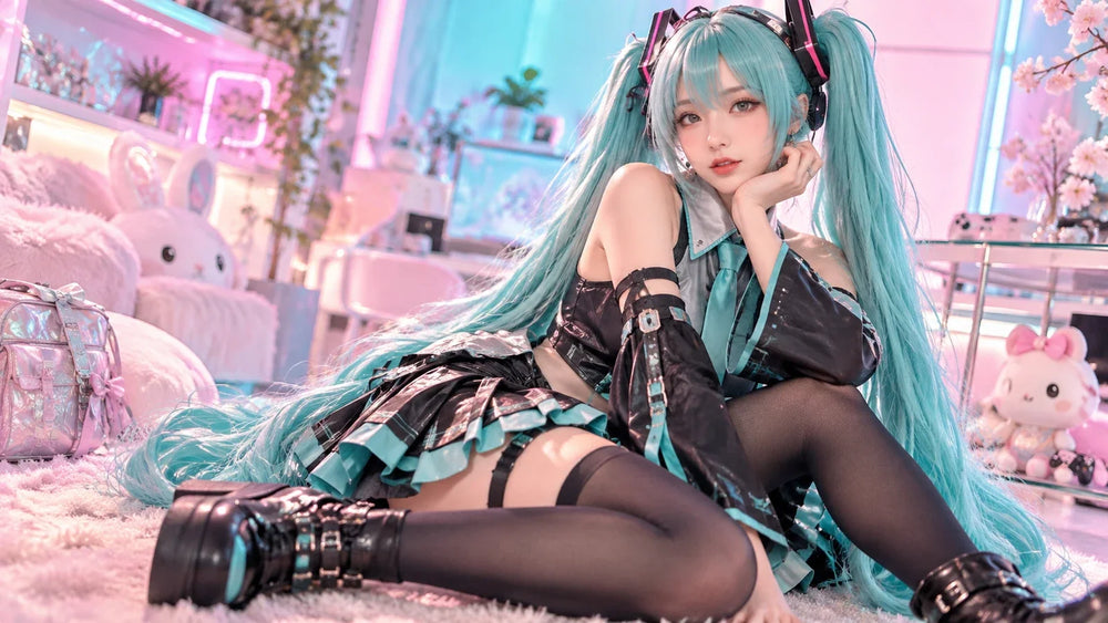 Cosplay editorial with teal twin-tail wig and performance-inspired styling
