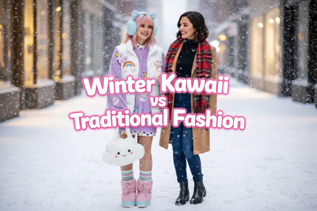 Two women showcase winter fashion styling tips with kawaii pastel layers and cozy classic outerwear in the snow