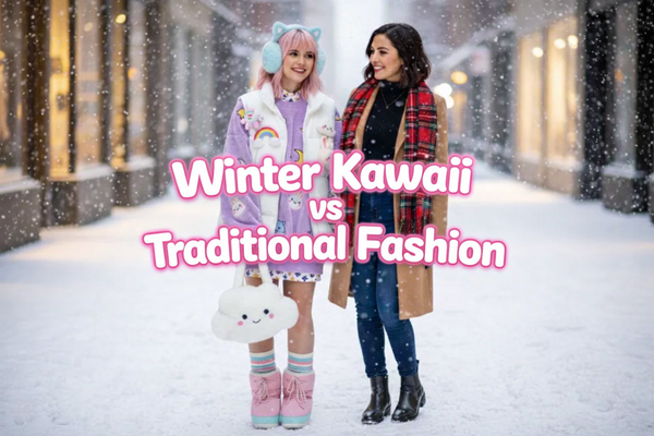 Two women showcase winter fashion styling tips with kawaii pastel layers and cozy classic outerwear in the snow