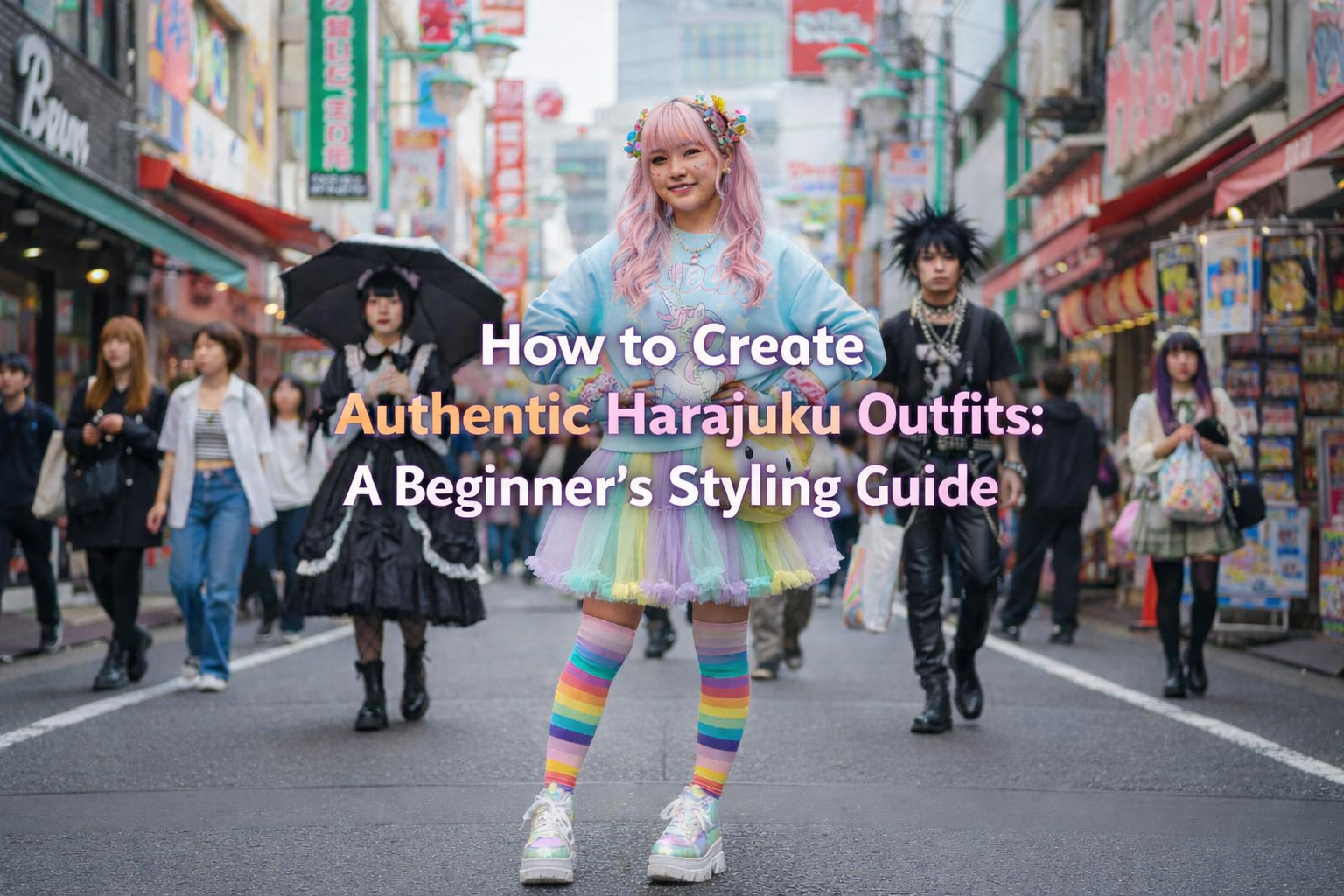 Colorful street scene showcasing playful outfits for a harajuku fashion styling guide in Tokyo’s trendy district