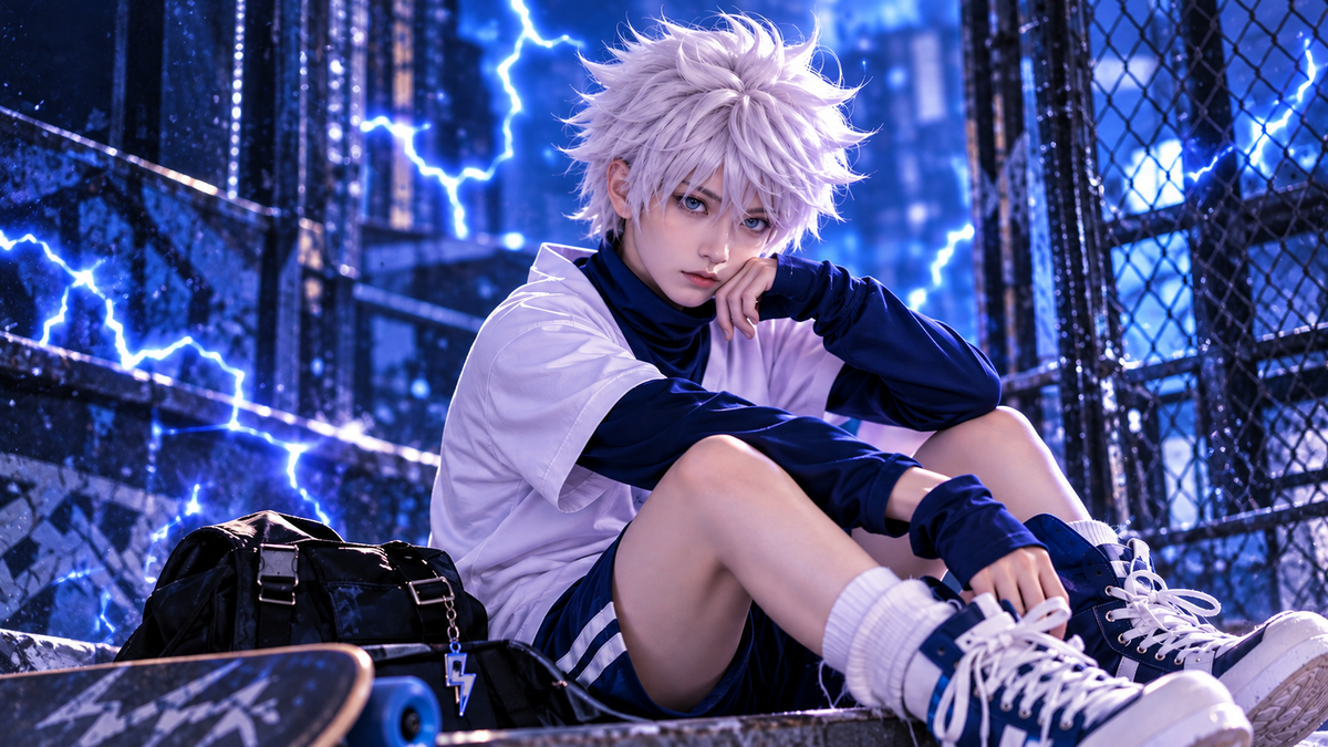 Killua Zoldyck-inspired cosplay featuring a spiky silver-white wig, blue-and-white outfit, and electric-blue lightning backdrop.
