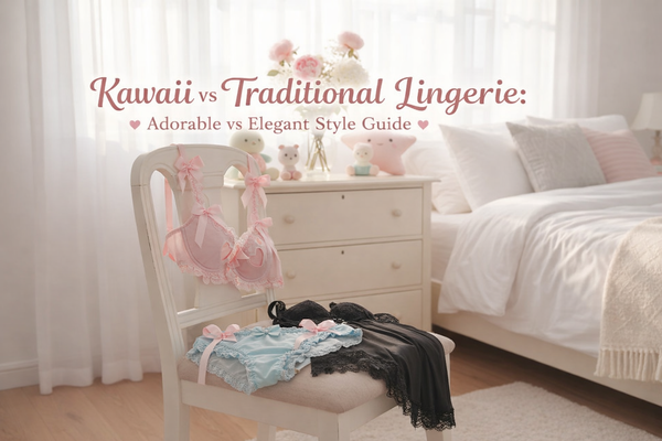 Pastel kawaii lingerie sets with bows and lace in a cute bedroom for kawaii fashion inspiration