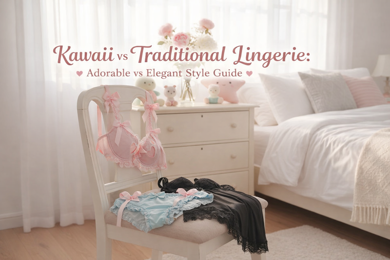 Pastel kawaii lingerie sets with bows and lace in a cute bedroom for kawaii fashion inspiration
