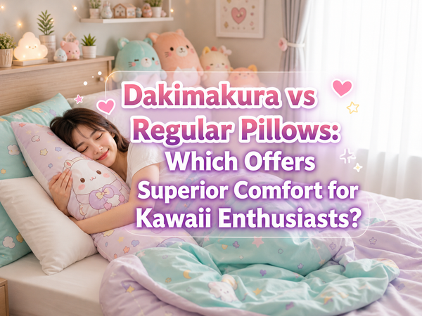 Cozy bedroom with pastel decor featuring a person hugging a cute anime dakimakura for kawaii comfort