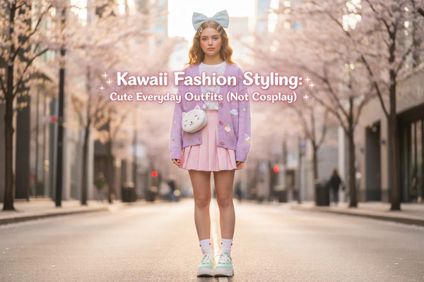 Pastel street look with oversized bow and cute accessories for kawaii fashion styling guide inspiration