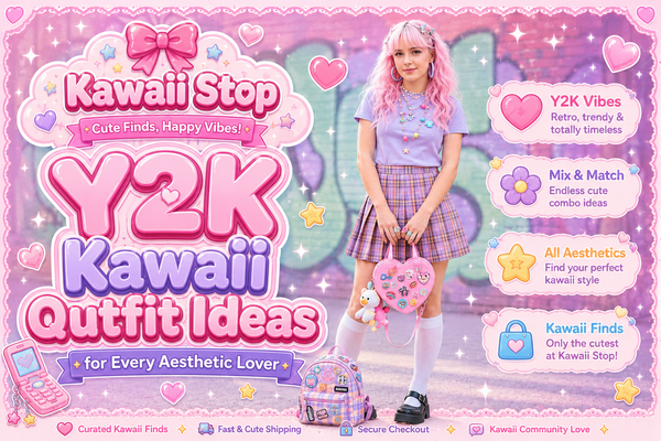 Pastel Y2K kawaii outfit ideas with pleated skirt, cute accessories, and playful pink hair for stylish inspiration