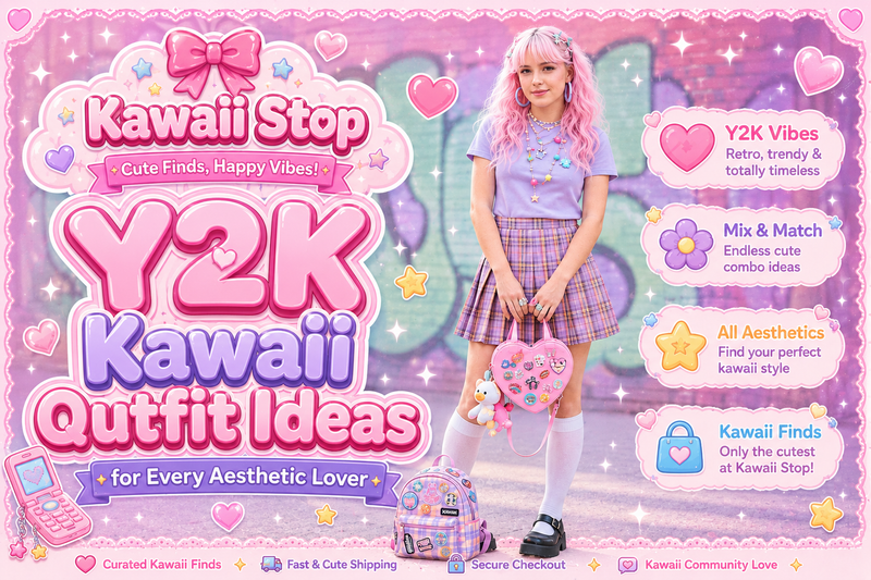 Pastel Y2K kawaii outfit ideas with pleated skirt, cute accessories, and playful pink hair for stylish inspiration