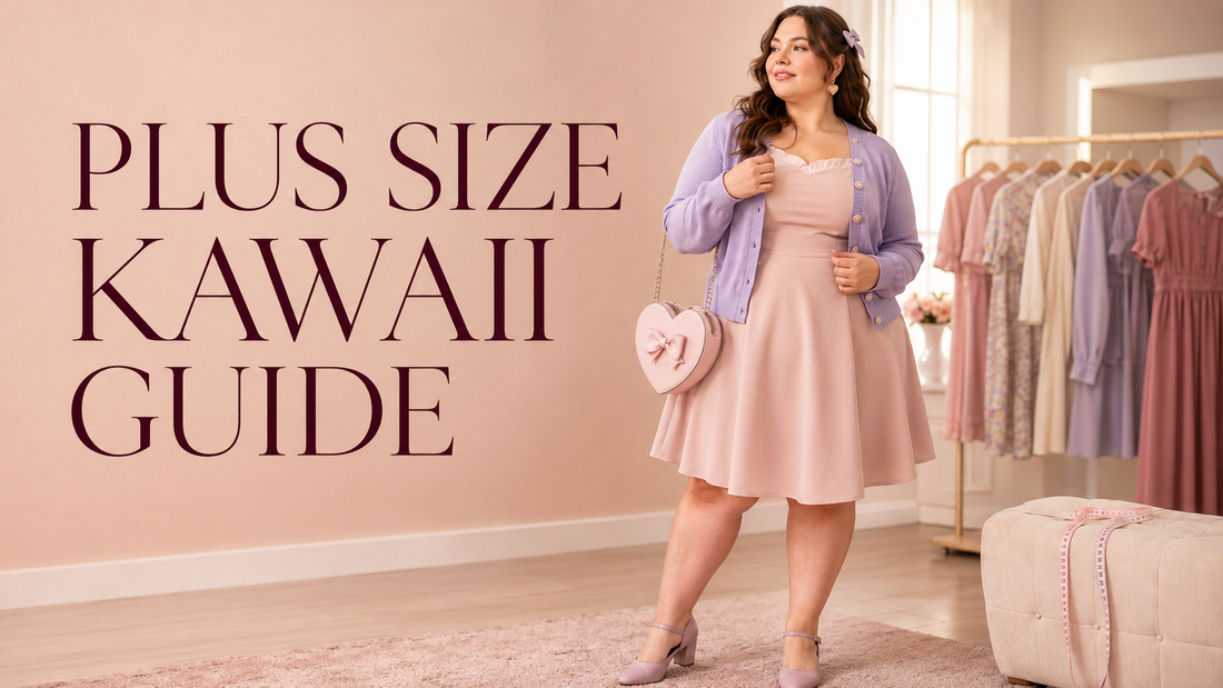 Plus-size woman wearing a blush dress and lavender cardigan in a pastel kawaii boutique, beside coordinated dresses and a measuring tape.