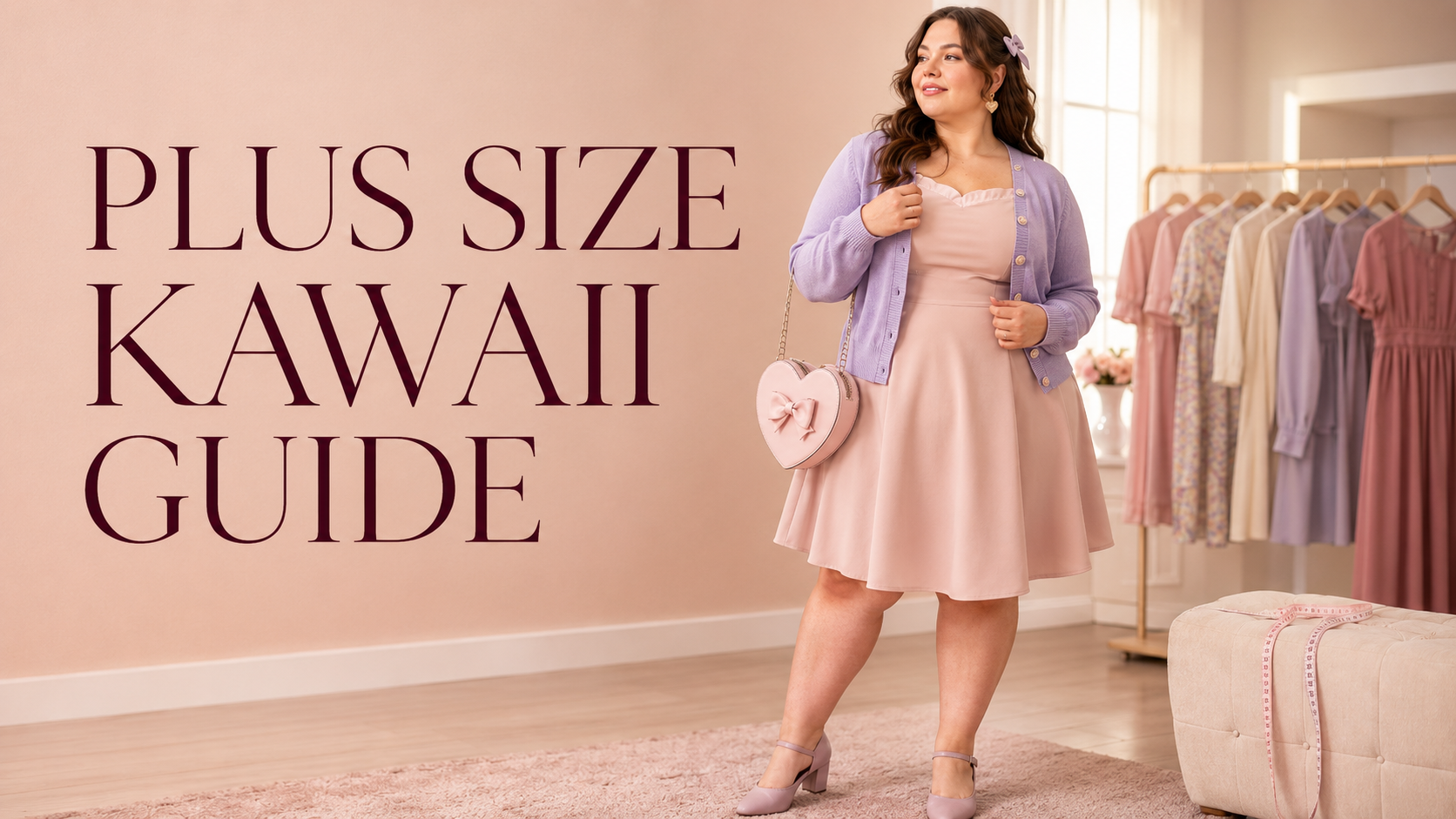 Plus-size woman wearing a blush dress and lavender cardigan in a pastel kawaii boutique, beside coordinated dresses and a measuring tape.