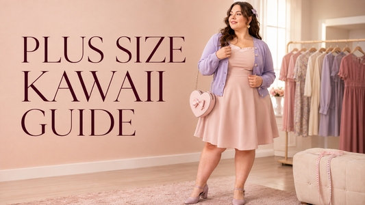 Plus-size woman wearing a blush dress and lavender cardigan in a pastel kawaii boutique, beside coordinated dresses and a measuring tape.