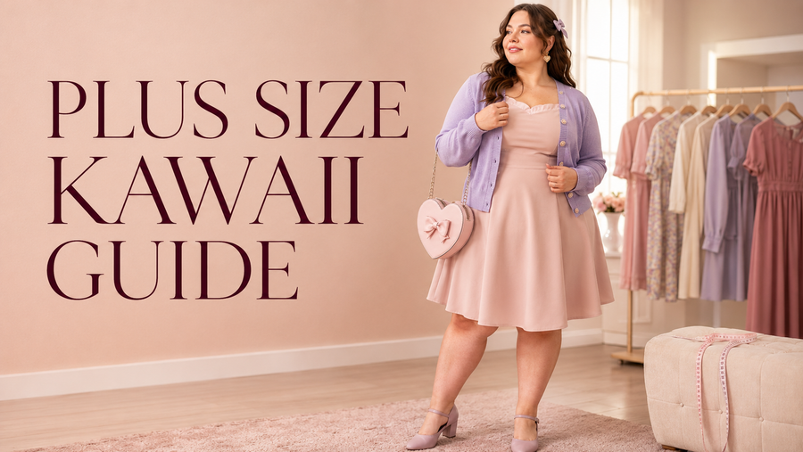 Plus-size woman wearing a blush dress and lavender cardigan in a pastel kawaii boutique, beside coordinated dresses and a measuring tape.