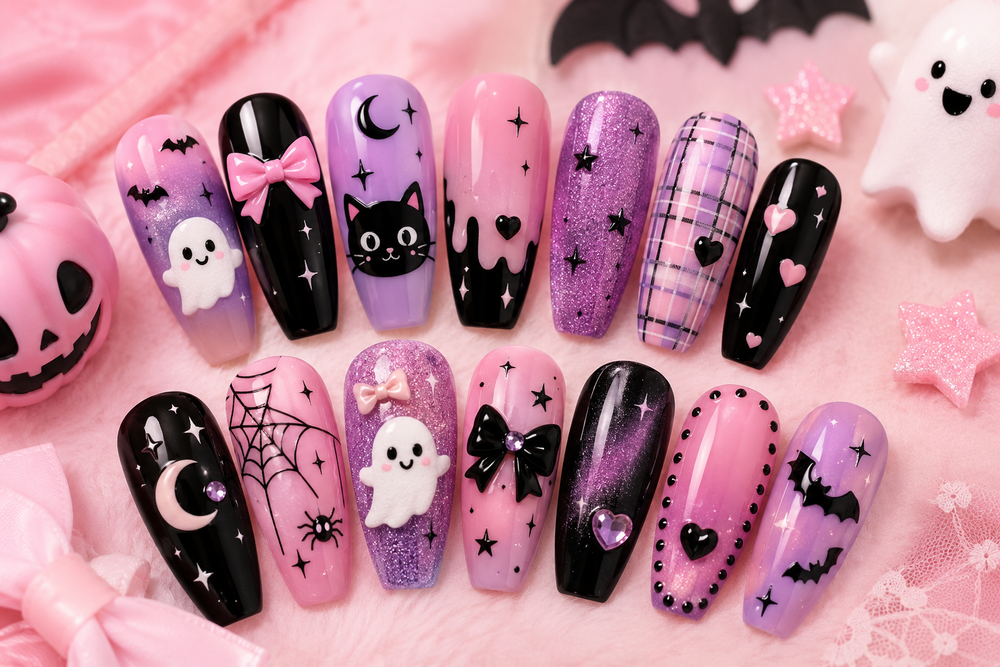 Kawaii Halloween press-on nails in pink, lavender, black, and glitter with cute ghost, bat, bow, moon, star, and spiderweb designs.