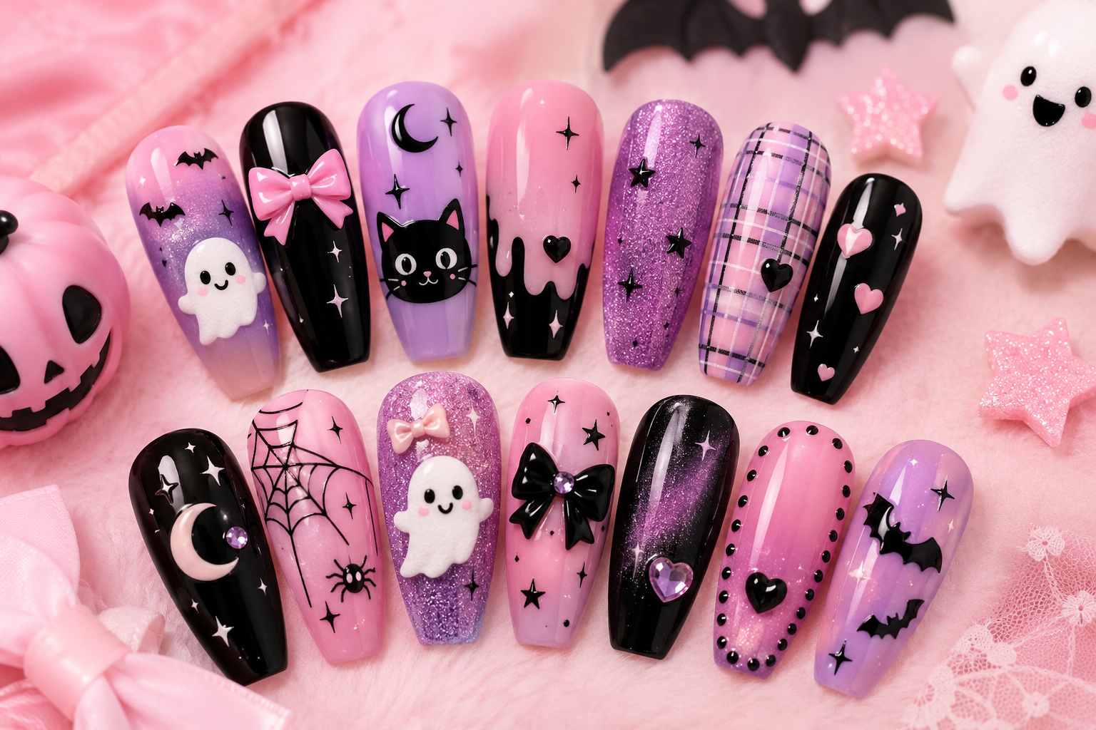 Kawaii Halloween press-on nails in pink, lavender, black, and glitter with cute ghost, bat, bow, moon, star, and spiderweb designs.