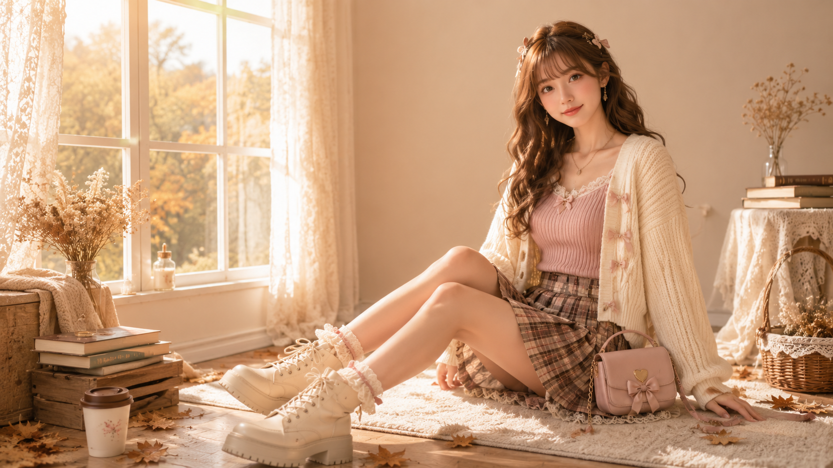 Young woman wearing a pink knit top, cream cardigan, plaid mini skirt, and platform boots in a cozy autumn kawaii outfit.
