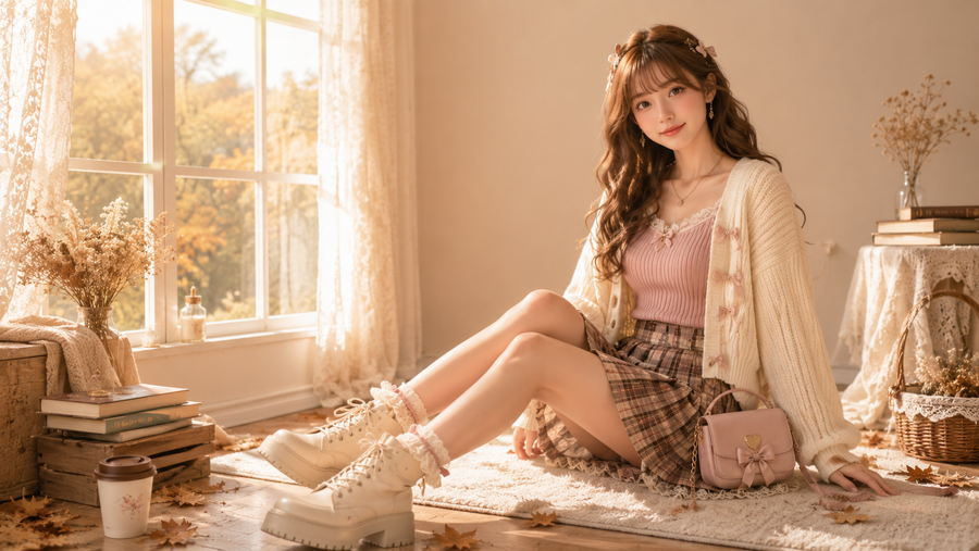 Young woman wearing a pink knit top, cream cardigan, plaid mini skirt, and platform boots in a cozy autumn kawaii outfit.